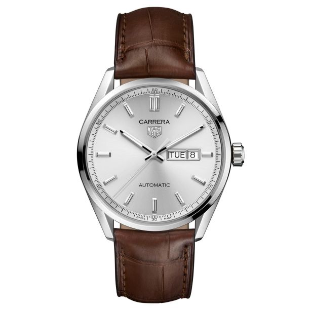 TAG Heuer CARRERA Calibre 5 Automatic Day-Date Silver Dial Leather Strap Watch 41mm ( WBN2011.FC6484)